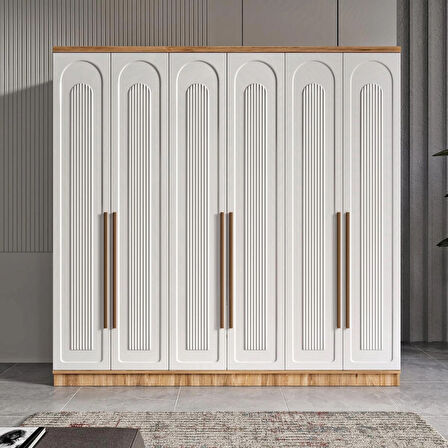 Ücretsiz Montaj - 100% MDF Flora 6 Kapaklı Beyaz Gardırop - MDF Dolap - Elbise Dolabı