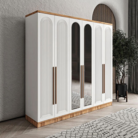 Ücretsiz Montaj - 100% MDF Rosa 6 Kapaklı - Aynalı Beyaz Gardırop - MDF Dolap - Elbise Dolabı
