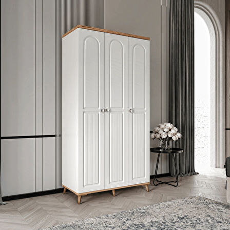 Ücretsiz Montaj - 100% MDF Bohem 3 Kapaklı Beyaz Gardırop - MDF Dolap - Elbise Dolabı