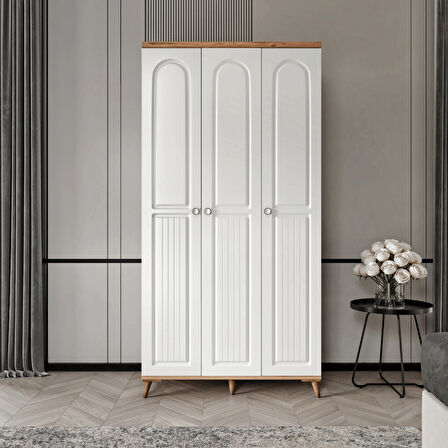 Ücretsiz Montaj - 100% MDF Bohem 3 Kapaklı Beyaz Gardırop - MDF Dolap - Elbise Dolabı
