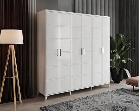 Ücretsiz Montaj - 100% MDF Milano 6 Kapaklı Beyaz Gardırop - MDF Dolap - Elbise Dolabı