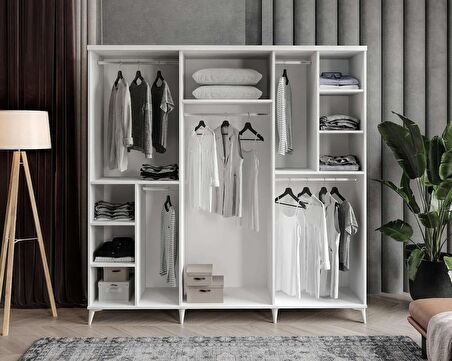 Ücretsiz Montaj - 100% MDF Milano 6 Kapaklı Beyaz Gardırop - MDF Dolap - Elbise Dolabı