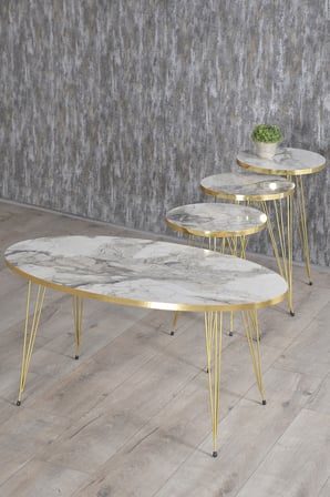Zigon Sehpa Ve Orta Sehpa Elips Set Gold Tel