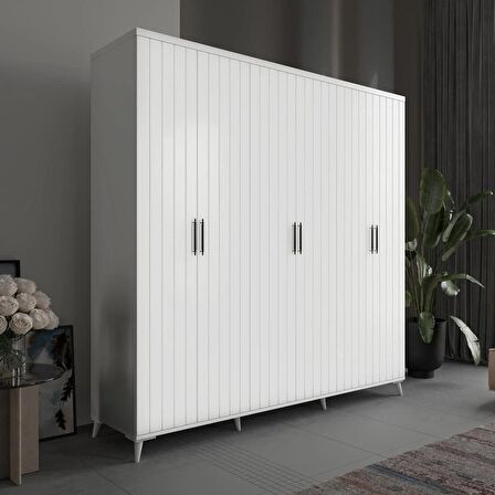 Ücretsiz Montaj - 100% MDF Odesa 6 Kapaklı Beyaz Gardırop MDF Dolap - Elbise Dolabı