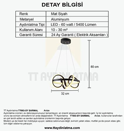 TT003-SY TT Aydınlatma Sarmal Modeli ( Sarı Işık Led ) Mat Siyah Led Avize