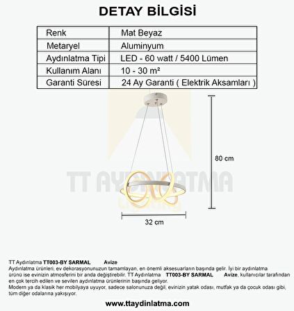 TT003-BY TT Aydınlatma Sarmal Modeli ( Sarı Işık Led ) Mat Beyaz Led Avize