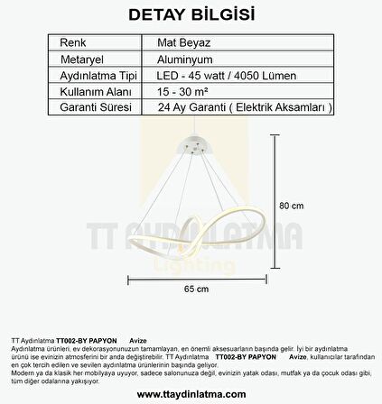 TT002-BY TT Aydınlatma Papyon Modeli (Gün Işığı Led ) Mat Beyaz Avize