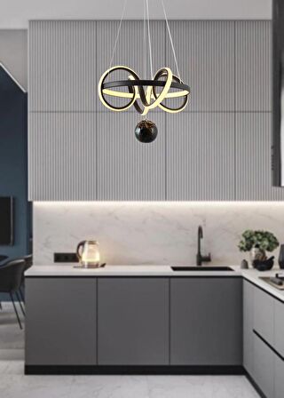 TT003TPL-SY TT Aydınlatma Sarmal Modeli Mat Siyah ( Sarı Işık Led ) Mermer Desen Toplu Led Avize