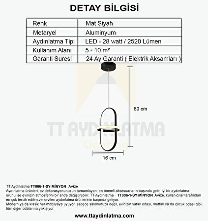 TT006-1-SY TT Aydınlatma Minyon Modeli ( Sarı Işık Led ) Tekli Mat Siyah Led Avize