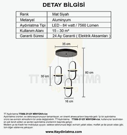 TT006-3Y-SY TT Aydınlatma Minyon Modeli ( Gün Işığı Led )  3 lü Mat Siyah Yuvarlak Led Avize