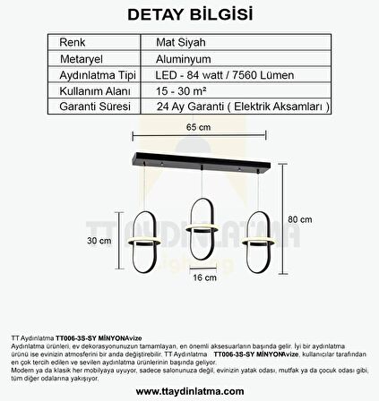 TT006-3S-SY TT Aydınlatma Minyon Modeli  ( Gün Işığı Led ) 3 lü Mat Siyah Sıralı Led Avize