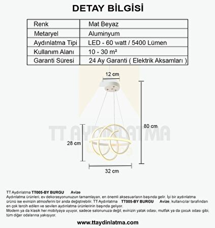 TT005-BY TT Aydınlatma Burgu Modeli ( Sarı Işık Led ) Mat Beyaz Led Avize