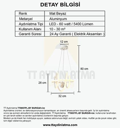 TT005TPL-BY TT Aydınlatma Burgu Modeli ( Gün Işığı Led ) Mat Beyaz Mermer Desen Toplu Led Avize