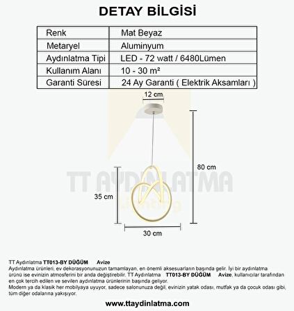 TT013-BY TT Aydınlatma Düğüm Modeli ( Beyaz Işık ) Mat Beyaz Led Avize
