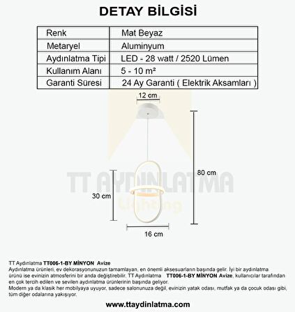 TT006-1-BY TT Aydınlatma Minyon Modeli (Sarı Işık Led ) Tekli Mat Beyaz Led Avize