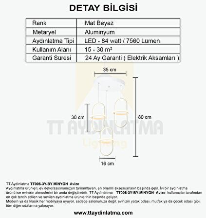 TT006-3Y-BY TT Aydınlatma Minyon Modeli ( Beyaz Işık Led )  3 lü Mat Beyaz Yuvarlak Led Avize