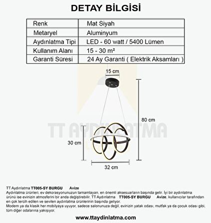 TT005-SY TT Aydınlatma Burgu Modeli ( Sarı Işık Led ) Mat Siyah Led Avize