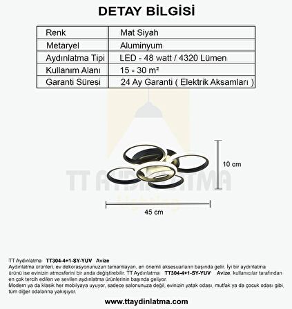 TT304-4+1-SY YUVARLAK TT Aydınlatma Mat Siyah 5 li ( Sarı Işık ) Led Avize
