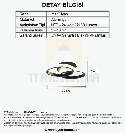 TT305-2-SY TT Aydınlatma Mat Siyah 2 li ( Sarı Işık ) Led Avize