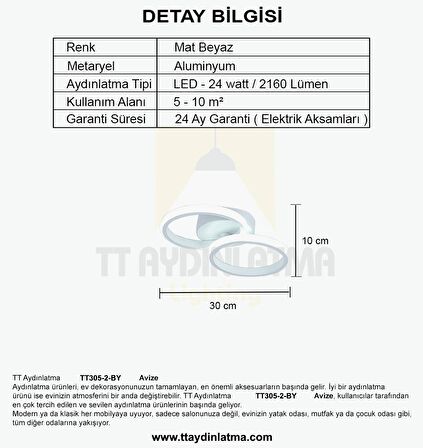 TT305-2-BY TT Aydınlatma Mat Beyaz 2 li ( Gün Işığı ) Led Avize