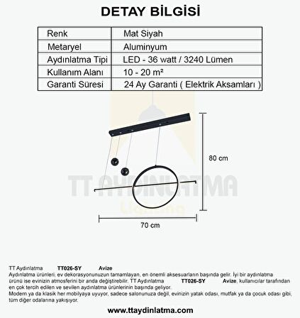 TT026-SY TT Aydınlatma Mat Siyah ( Beyaz Işık ) Led Avize