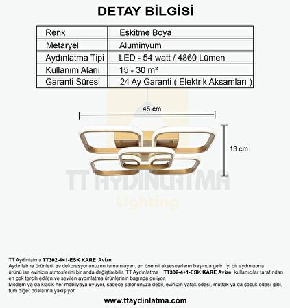 TT302-4+1-ESK KARE TT Aydınlatma Eskitme Boyalı 5 li ( 3 Renk Işık ) Led Avize