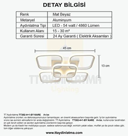 TT302-4+1-BY KARE TT Aydınlatma Mat Beyaz 5 li ( Beyaz Işık ) Led Avize