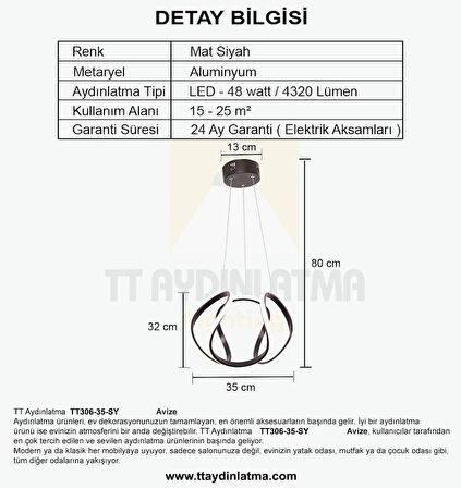 TT306-35-SY TT Aydınlatma Kavis Modeli Mat Siyah ( 3 Renk Işık ) Led Avize
