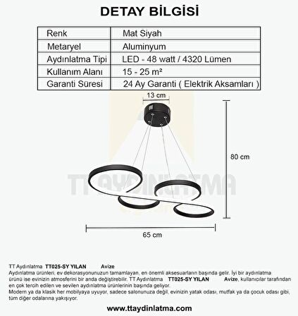 TT025-SY TT Aydınlatma Yılan Modeli Mat Siyah ( Beyaz Işık ) Led Avize