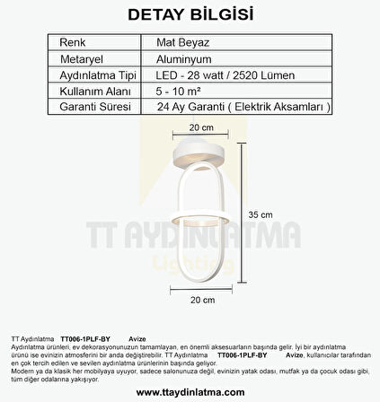 TT006-1PLF-BY TT Aydınlatma Minyon Modeli Tekli Plofonyer Mat Beyaz ( Beyaz Işık ) Led Avize