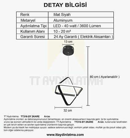 TT316-SY TT Aydınlatma 2Kare Modeli Mat Siyah ( Sarı Işık ) Led Avize