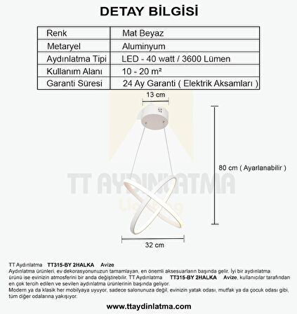 TT315-BY TT Aydınlatma 2Halka Modeli Mat Beyaz ( Sarı Işık ) Led Avize