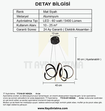 TT318-SY TT Aydınlatma Hekza Modeli Mat Siyah ( Sarı Işık ) Led Avize
