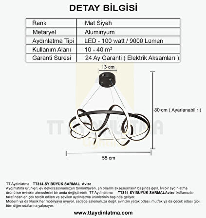 TT314-SY TT Aydınlatma Büyük Sarmal Modeli Mat Siyah ( Beyaz Işık )  Led Avize