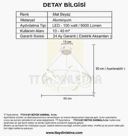 TT314-BY TT Aydınlatma Büyük Sarmal Modeli Mat Beyaz ( 3 Renk Modüllü ) Led Avize