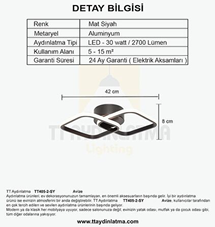 Tt405-2-sy Mat Siyah 2 Li Kare ( Sarı Işık ) Led Avize