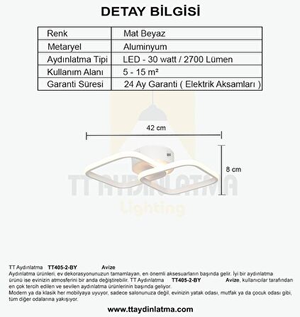 Tt405-2-by Mat Beyaz 2 Li Kare ( Beyaz Işık ) Led Avize