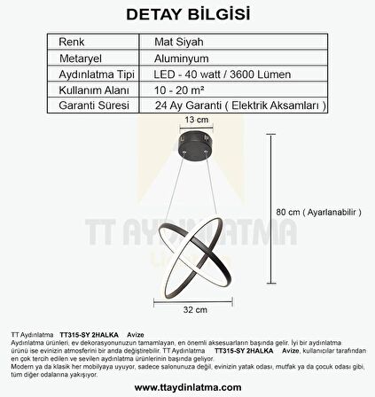 TT315-SY TT Aydınlatma 2Halka Modeli Mat Siyah ( Sarı Işık ) Led Avize