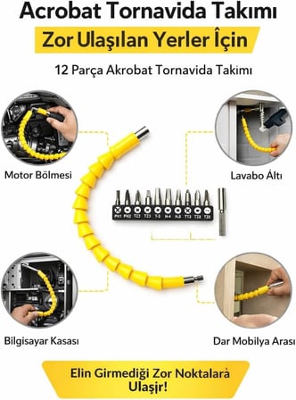 Matkap Ucu Akrobat 12 Parça Bit Seti (Esnek Mil, Kalıcı Mıknatıs, 10 Adet Bit, Krom Vanadyum, Akülü Vidalama Makineleri İçin)