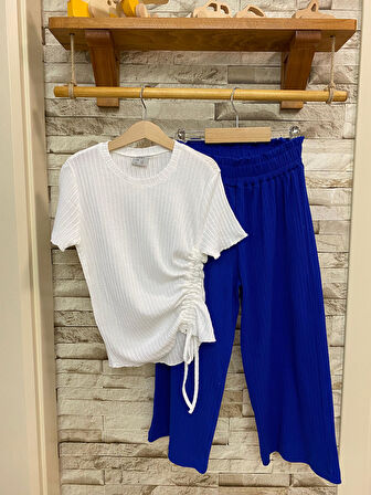 AYSBEBE BAĞCIKLI BLUZ + BOL PAÇA FİTİLLİ KUMAŞ PANTOLON KIZ ÇOCUK YAZLIK TAKIM