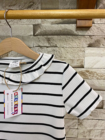 AYSBEBE FIRFIR YAKA ÇİZGİ DESENLİ YAZLIK KIZ ÇOCUK TİŞÖRT