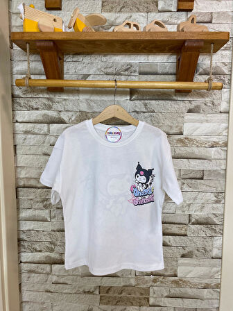 AYSBEBE KUROMİ CHEEKY BASKILI FIRÇALI KUMAŞ KIZ ÇOCUK TİŞÖRT