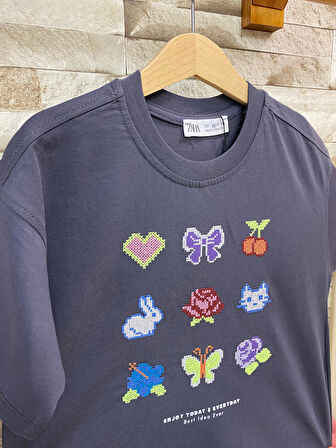 AYSBEBE NAKIŞ DESENLİ KIZ ÇOCUK TİŞÖRT