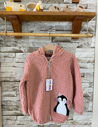 AYSBEBE Kız Çocuk Penguen Nakışlı Welsoft Hırka Kapşonlu