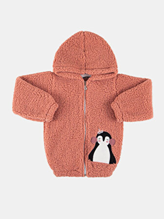 AYSBEBE Kız Çocuk Penguen Nakışlı Welsoft Hırka Kapşonlu