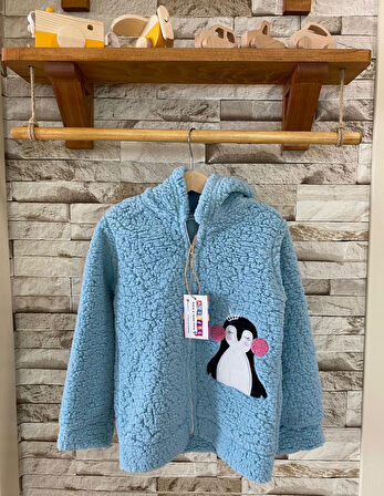 AYSBEBE Kız Çocuk Penguen Nakışlı Welsoft Hırka Kapşonlu