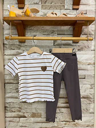 AYSBEBE KALP NAKIŞLI ÇİZGİLİ TİŞÖRT + TAYT BUZİ KUMAŞ TAKIM