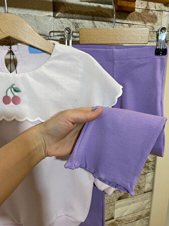 LACİEL PARİS YAKALI, KİRAZ NAKIŞLI SWEAT + İSPANYOL PAÇA TAYT KIZ ÇOCUK TAKIM