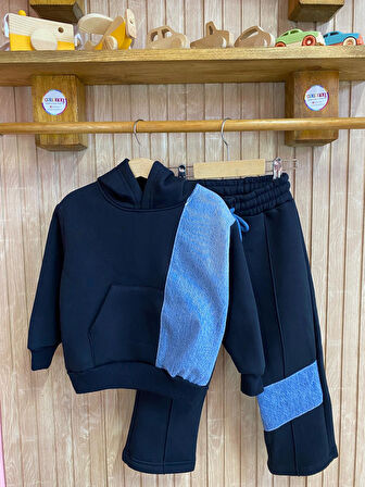 KOT GARNİLİ ÇIMALI TARZ KAPÜŞONLU KIZ ÇOCUK EŞOFMAN TAKIM