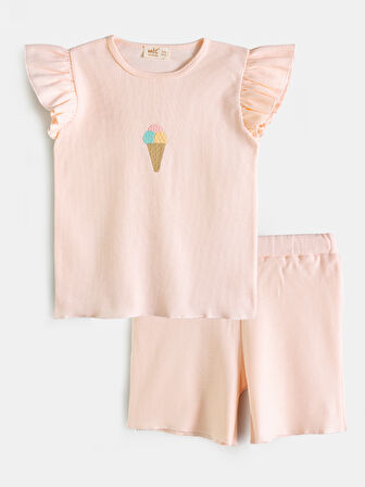 AYSBEBE Kız Çocuk Dondurma Nakışlı Şortlu Kaşkorse Takım Kısa Kollu